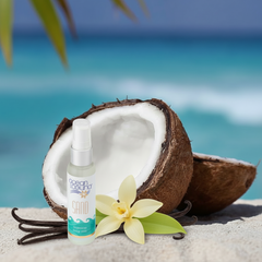 Ocean Laguna Sand Body Mist coco vanilla fragrance on beach ocean background